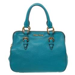 Pre Owned Miu Miu Blue Madras Leather Zip Satchel