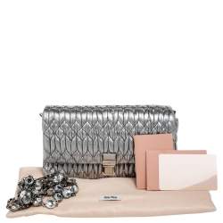 Pre Owned Miu Miu Silver Matelassé Nappa Leather Crystal Shoulder Bag