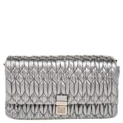 Pre Owned Miu Miu Silver Matelassé Nappa Leather Crystal Shoulder Bag