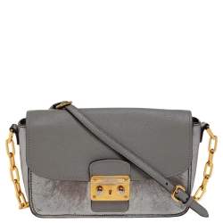Pre Owned Miu Miu Grey/Silver Madras Leather Push Lock Shoulder Bag