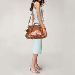Pre Owned Miu Miu Brown Vitello Lux Leather Bow Top Zip Tote