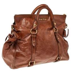 Pre Owned Miu Miu Brown Vitello Lux Leather Bow Top Zip Tote