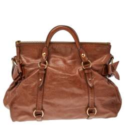Pre Owned Miu Miu Brown Vitello Lux Leather Bow Top Zip Tote