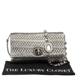 Miu Miu Silver Matelassé Leather Crystal Embellished Shoulder Bag 