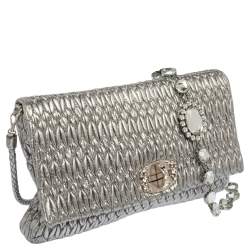 Miu Miu Silver Matelassé Leather Crystal Embellished Shoulder Bag 