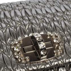 Miu Miu Silver Matelassé Leather Crystal Embellished Shoulder Bag 