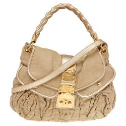 Pre Owned Miu Miu Beige Matelassé Jute And Leather Coffer Hobo