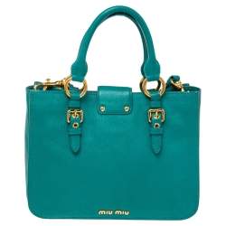 Pre Owned Miu Miu Green Madras Leather Tote