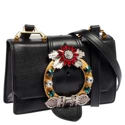 Pre Owned Miu Miu Black Madras Leather Crystal Embellished Buckle Flap Shoulder Bag