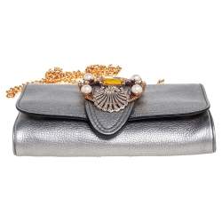 Pre Owned Miu Miu Silver Madras Leather Jewel Embellished Chain Clutch