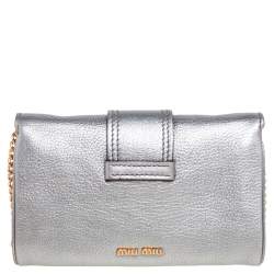 Pre Owned Miu Miu Silver Madras Leather Jewel Embellished Chain Clutch