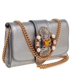 Pre Owned Miu Miu Silver Madras Leather Jewel Embellished Chain Clutch