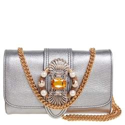 Pre Owned Miu Miu Silver Madras Leather Jewel Embellished Chain Clutch