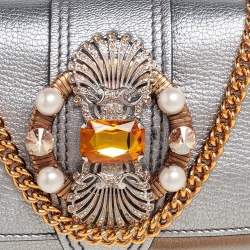 Pre Owned Miu Miu Silver Madras Leather Jewel Embellished Chain Clutch