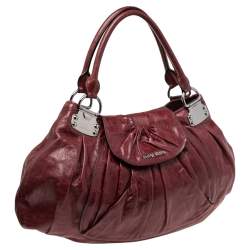 Pre Owned Miu Miu Burgundy Leather Ruched Front Pocket Shoulder Bag