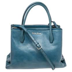 Pre Owned Miu Miu Blue Vitello Shine Leather Double Zip Tote