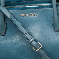 Pre Owned Miu Miu Blue Vitello Shine Leather Double Zip Tote