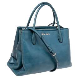 Pre Owned Miu Miu Blue Vitello Shine Leather Double Zip Tote
