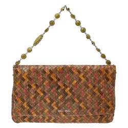 Pre Owned Miu Miu Multicolor Woven Leather Embellished Flap Shoulder Bag