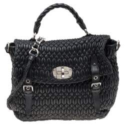Pre Owned Miu Miu Black Matelassé Leather Turnlock Flap Top Handle Bag