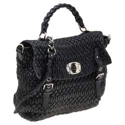 Pre Owned Miu Miu Black Matelassé Leather Turnlock Flap Top Handle Bag