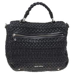 Pre Owned Miu Miu Black Matelassé Leather Turnlock Flap Top Handle Bag