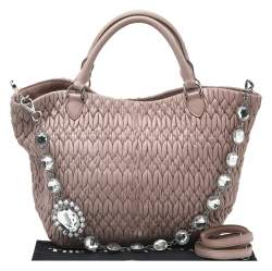 Pre Owned Miu Miu Beige Leather Matelassé Crystal Embellished Tote