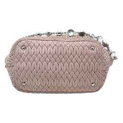 Pre Owned Miu Miu Beige Leather Matelassé Crystal Embellished Tote
