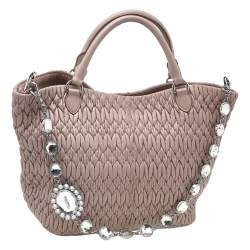 Pre Owned Miu Miu Beige Leather Matelassé Crystal Embellished Tote