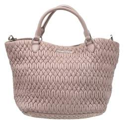 Pre Owned Miu Miu Beige Leather Matelassé Crystal Embellished Tote