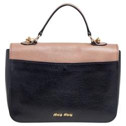 مملوكة مسبقًا حقيبة ميو ميو جلد مادراس بيج/أسود بقفل دفع وقلاب ويد علوية