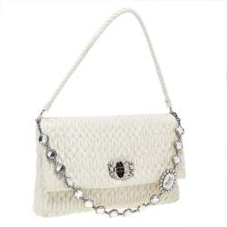 Pre Owned Miu Miu White Leather Matelassé Nappa Iconic Crystal Shoulder Bag 