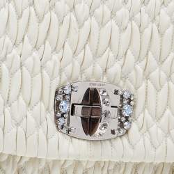 Pre Owned Miu Miu White Leather Matelassé Nappa Iconic Crystal Shoulder Bag 