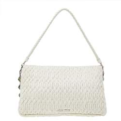 Pre Owned Miu Miu White Leather Matelassé Nappa Iconic Crystal Shoulder Bag 
