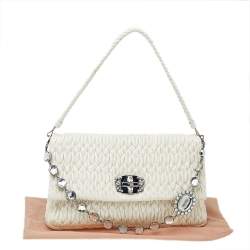 Pre Owned Miu Miu White Leather Matelassé Nappa Iconic Crystal Shoulder Bag 