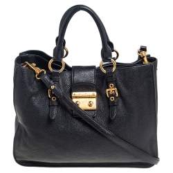 Pre Owned Miu Miu Black Leather Large Madras Tote 
