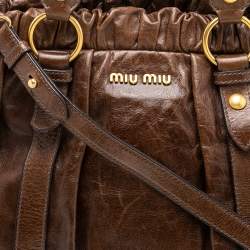 Pre Owned Miu Miu Brown Vitello Shine Leather Gathered Tote