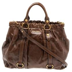 Pre Owned Miu Miu Brown Vitello Shine Leather Gathered Tote