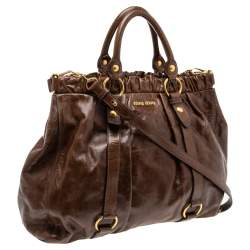 Pre Owned Miu Miu Brown Vitello Shine Leather Gathered Tote