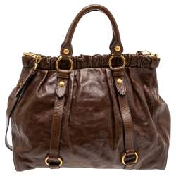 Pre Owned Miu Miu Brown Vitello Shine Leather Gathered Tote