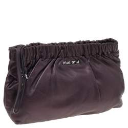 Pre Owned Miu Miu Dark Purple Leather Wristlet Zip Pouch