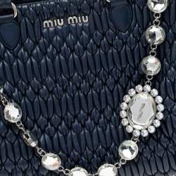 Pre Owned Miu Miu Navy Blue Matelassé Nappa Leather Crystal Tote