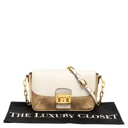 Pre Owned Miu Miu Gold/White Leather Madras Push Lock Crossbody Bag