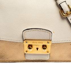 Pre Owned Miu Miu Gold/White Leather Madras Push Lock Crossbody Bag