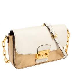 Pre Owned Miu Miu Gold/White Leather Madras Push Lock Crossbody Bag