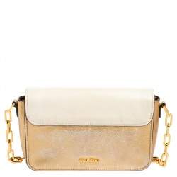 Pre Owned Miu Miu Gold/White Leather Madras Push Lock Crossbody Bag