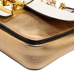 Pre Owned Miu Miu Gold/White Leather Madras Push Lock Crossbody Bag