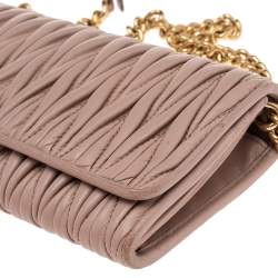 Miu Miu Beige Matelassé Leather Flap Wallet on Chain