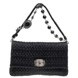 Pre Owned Miu Miu Black Matelassé Nappa Leather Crystal Shoulder Bag