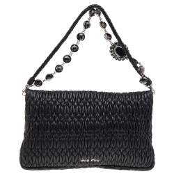 Pre Owned Miu Miu Black Matelassé Nappa Leather Crystal Shoulder Bag